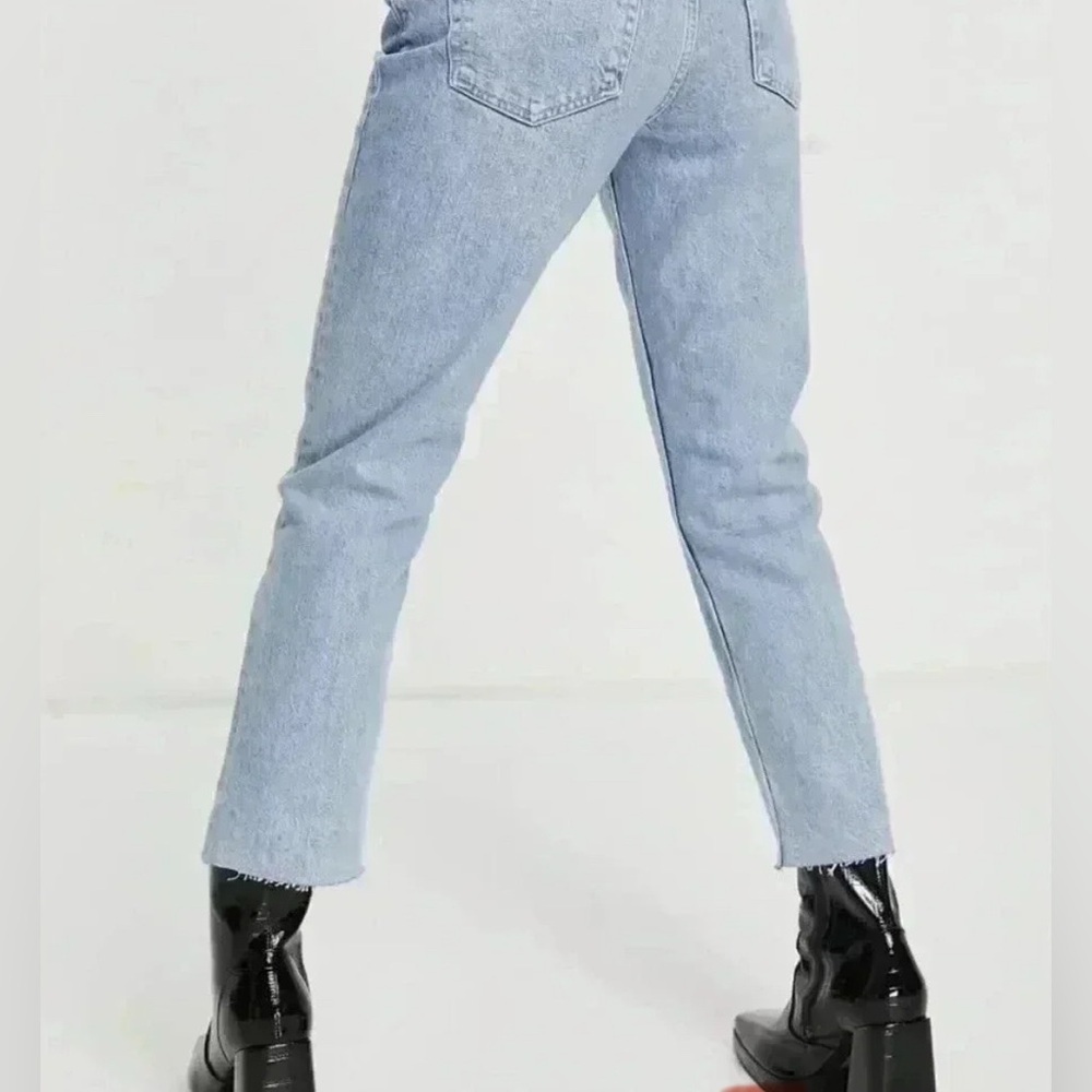 Topshop Jeans Denim Straight Leg Raw Frayed Hem Light Acid Wash - Picture 2 of 8